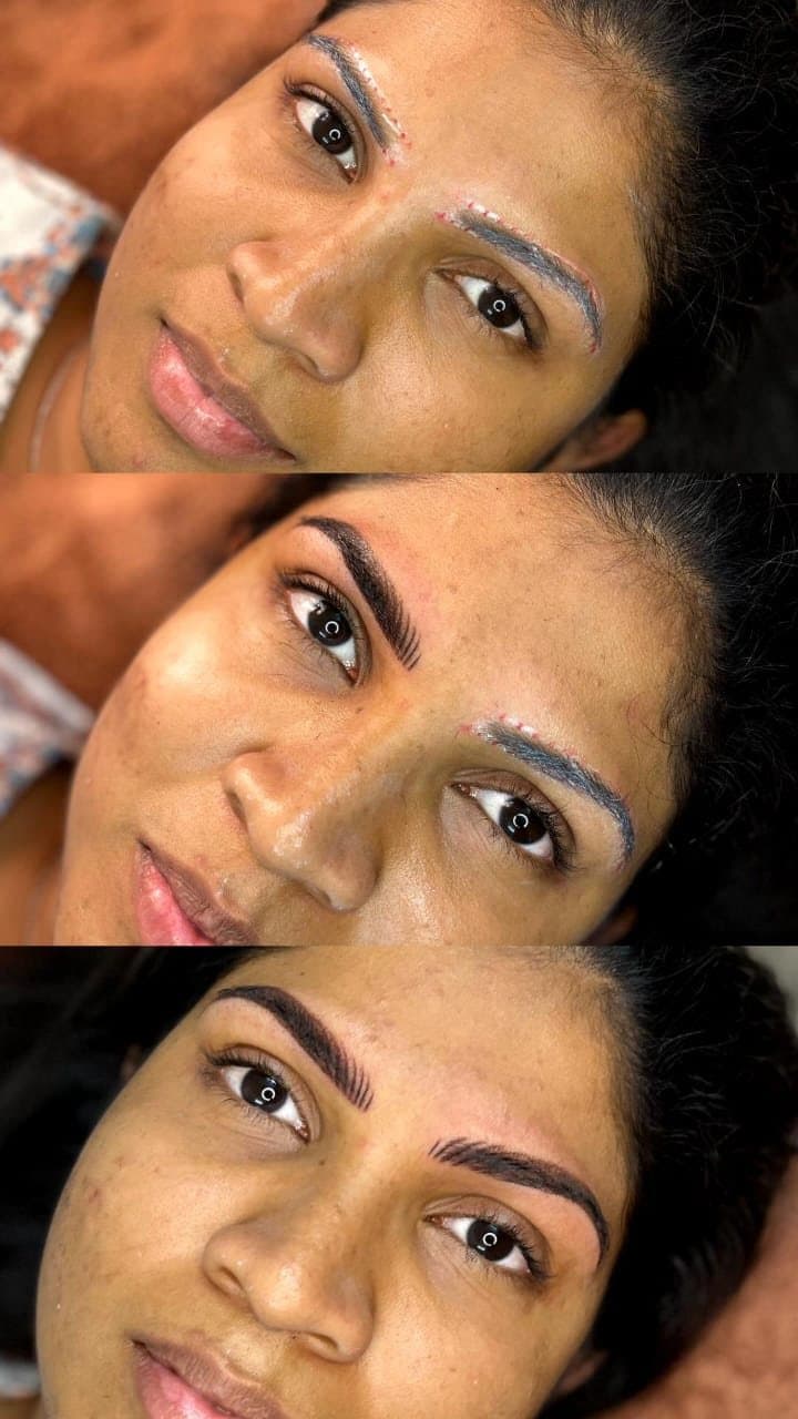 Combination brows before, during and healed result