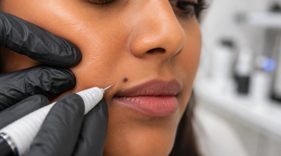 A beauty spot being applied beside the lips with a PMU pen at Rebornurself, Chennai